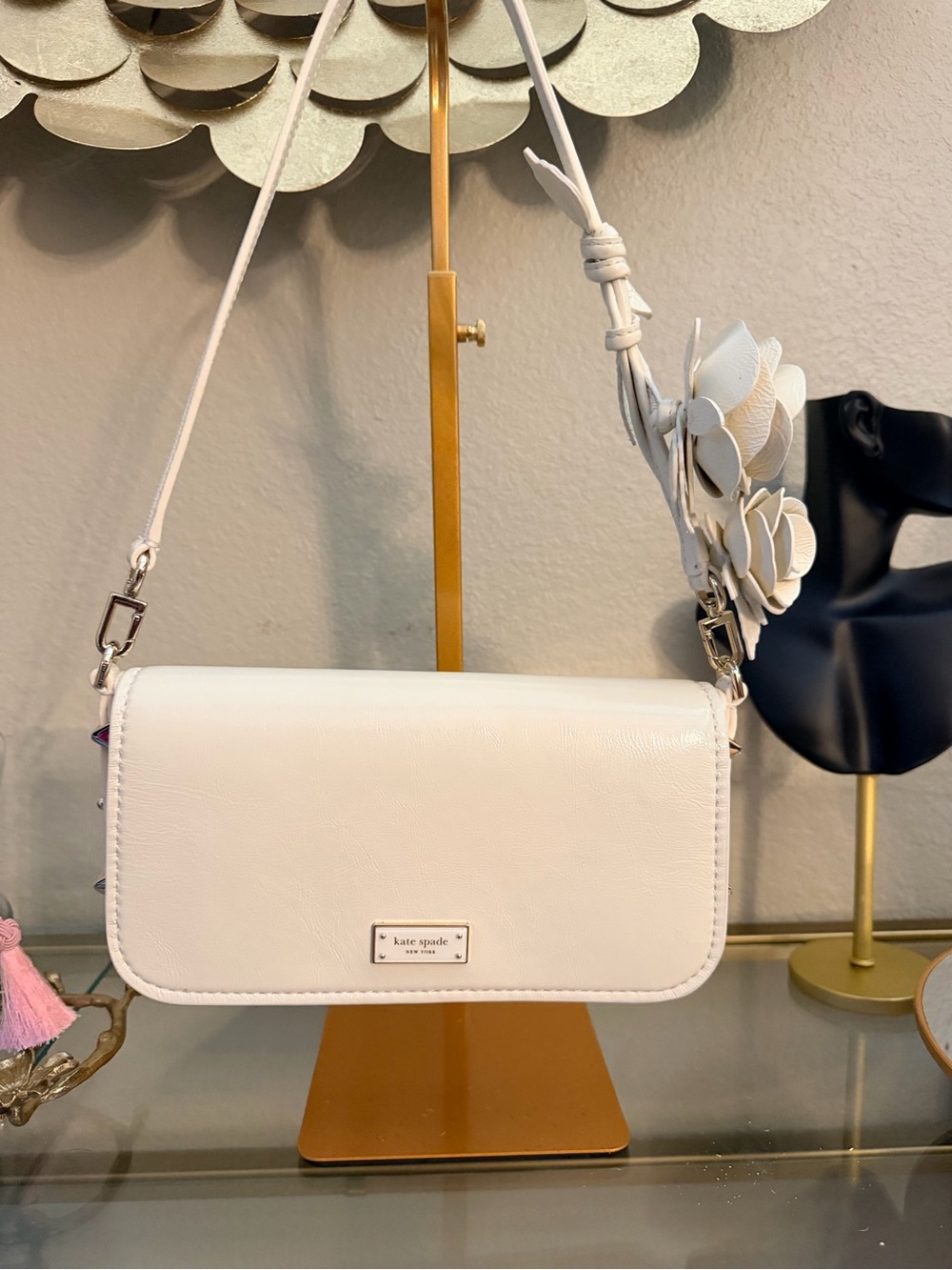 kate spade White Leather Crossbody with Floral Strap Detail